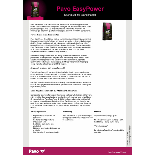 Pavo easypower foder produktsammanställning